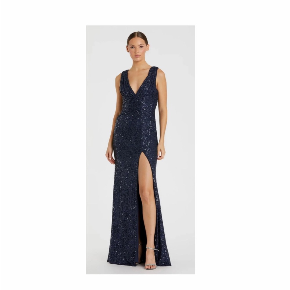 Navy V-Neck Sequin Wrap Waist Gown MAC Duggal prom